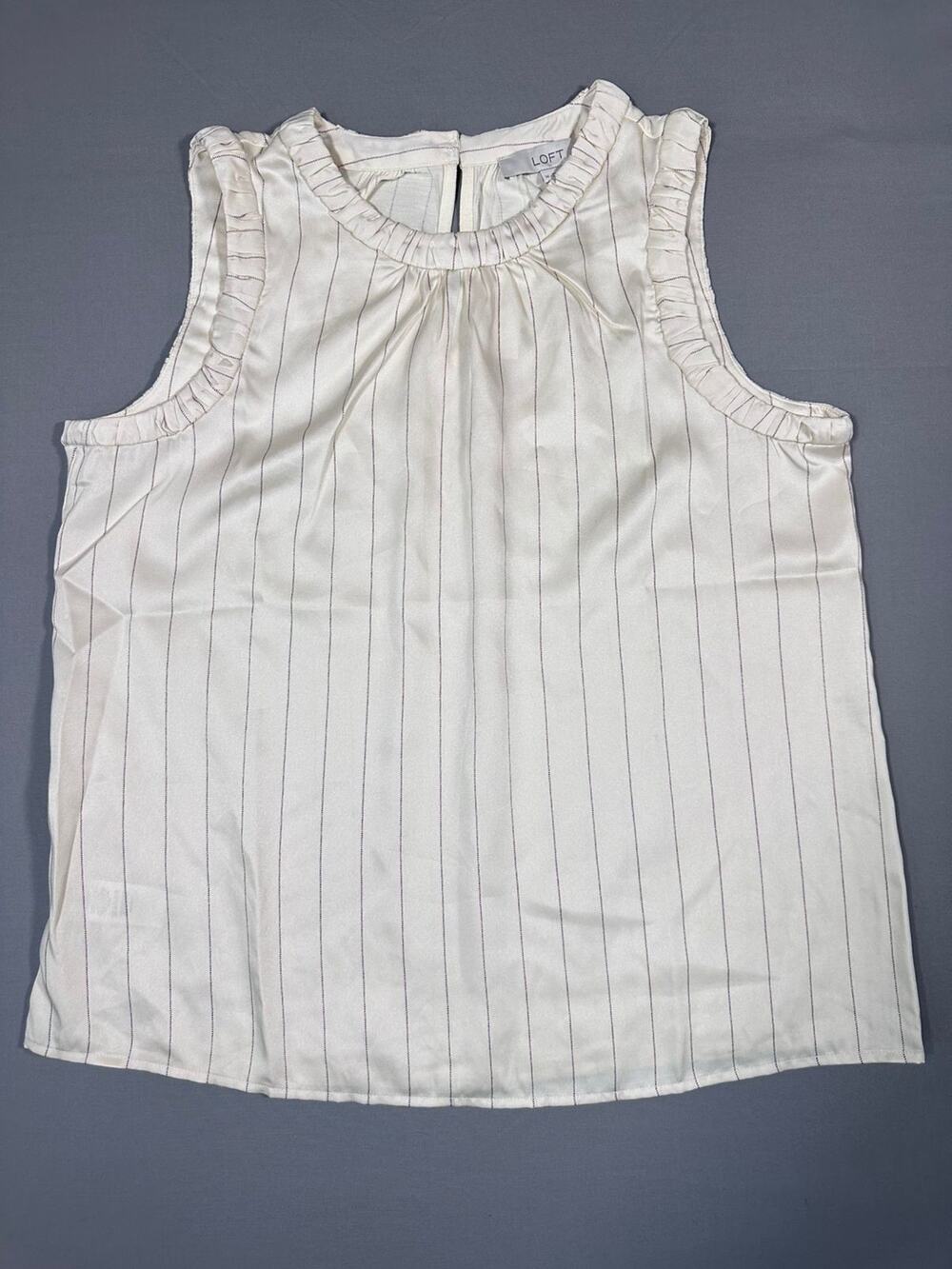 LOFT (Size M) Cream with Stripes Features elegant ruffled trim and a cotton back